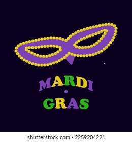 Mardi Gras colored lettering mask with yellow beads on dark. Vector isolated illustration. Flat style.