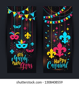 Mardi Gras colored vertical banners set with a mask and fleur-de-lis, isolated on black background. Vector illustration.