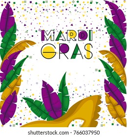 mardi gras colorful background with confetti and feathers and carnival mask