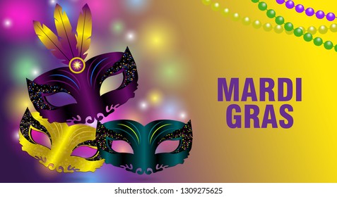 Mardi gras colorful background with three carnival masks and feathers. Banner, poster or greeting card with shining beads. Vector illustration.