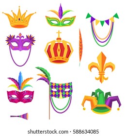 Mardi Gras Colorful Decorative Elements On White. Vector Poster Of Masks With Feathers, Golden Crowns, Music Instrument, Jester Hat With Balls. Traditional Festival Elements Collection In Flat Design