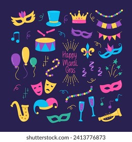 Mardi Gras Colorful Doodle Collection. Festive Design Color Element Set.  Vector Illustration of Carnaval Harlequin Hat, Beads, Carnival Masque, Saxophone, Trumpet, Fleur de Lis, Balloons, Crown.