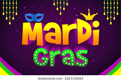 Mardi Gras colorful lettering. Fat or Shrove Tuesday celebration poster. Traditional carnival in New Orleans. Vector element of design for banner, flyer, party invitation.