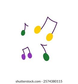 Mardi Gras Colorful Musical Notes. Purple Green Yellow colored symbol of carnival music sound melody. Hand drawn vector illustration 