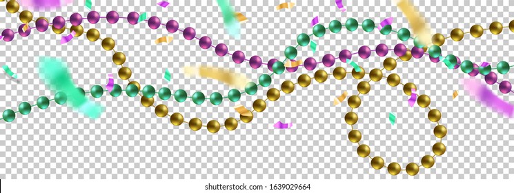 Mardi Gras colorful realistic beads with confetti shiny stars isolated on transparent background. Mardi Gras traditional holidays color design. Can be used flyers banners or web. Vector illustration.