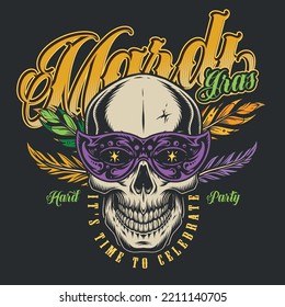 Mardi gras colorful vintage flyer skull with glasses for carnival or party celebrate beginning spring and fat Tuesday vector illustration