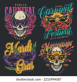 Mardi Gras coloridos afiches vintage en máscaras de calabaza para carnaval o máscaras festivas en ilustración vectorial de estilo viciano