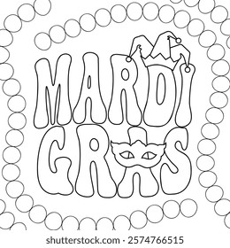 Mardi Gras Coloring Page, letters, mask, beads and jester hat coloring book, vector illustration