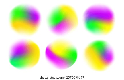 Mardi Gras colors. Blurred round shapes. Set of defocused bright colored gradient circles for Fat Tuesday creative graphic design. Vector illustration.