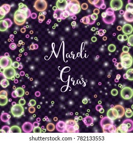 Mardi Gras colors lights on transparent background. Green, purple, yellow, bright, glowing, shiny festive decoration.