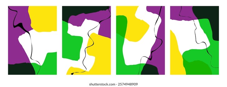 Mardi Gras colors. Set of abstract backgrounds with various curved bright colored shapes and black bent lines for Fat Tuesday creative graphic design. Vector illustration.