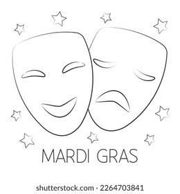Mardi Gras comedy and tragedy masks. carnival symbol. Monochrome vector illustration. Isolated on white. Childrens coloring book.