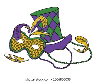 Mardi Gras composition. Group of carnival mask with feathers, beads and hat. Color vector illustration 