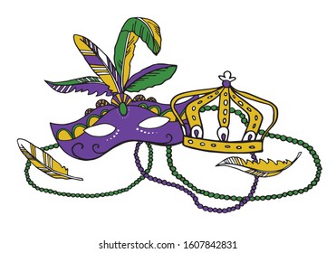 Mardi Gras composition. Group of carnival mask with feathers, beads and crown. Color vector illustration 