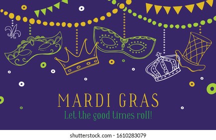 Mardi Gras composition with masks, crowns and hat hanging on beads. Vector hand drawn sketch color illustration