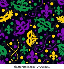 Mardi gras concept seamless pattern. Carnival masks, beads, confetti, fleur de lis. Shrove Tuesday, Fat Tuesday