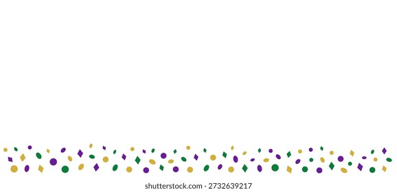 Mardi Gras Confetti Bottom Border em cores de ouro verde roxo no fundo branco