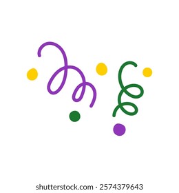 Mardi Gras Confetti Design Element. Colorful swirls and dots splashing with traditional purple green yellow colors. Decorative symbol for festival and carnival. Vector illustration