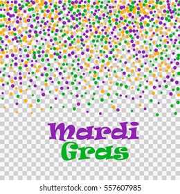 Mardi Gras confetti dots isolated on transparent background. Vector illustration of colorful scattered dust.