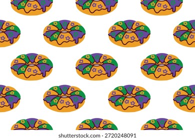 Mardi Gras. Textura contínua de sobremesa mostrando doces vidrados com cobertura tradicional de açúcar de carnaval para embalagem de padaria de férias e design de fundo