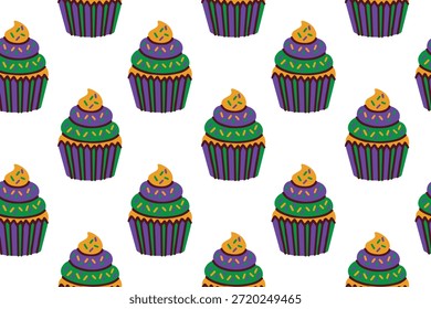 Mardi Gras. Textura contínua de sobremesa mostrando cupcakes festivos com geada tricolor e polvilhos. Fundo de feriado doce para carnaval menus embalagens de padaria e têxteis de mesa de festa.