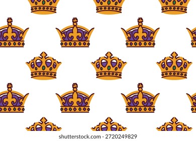 Mardi Gras. Continuous holiday texture with intricately decorated royal crowns. Elegant headwear design for carnival king or queen celebrations masquerade events and festive gift wrap.