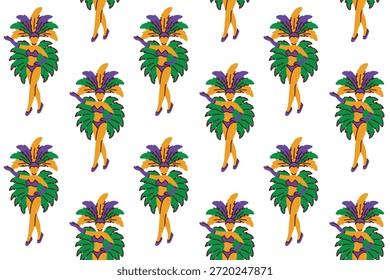 Carnaval. Textura continua de las artistas femeninas en trajes tradicionales de carnaval emplumado para la tela de vacaciones del martes gordo y diseño de fondo