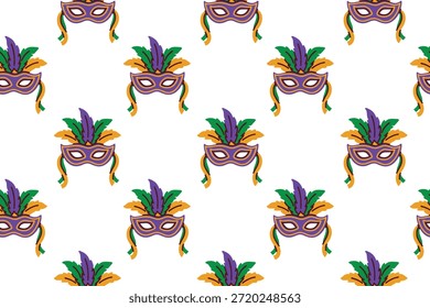 Mardi Gras. Textura contínua com máscaras de máscaras tradicionais decoradas com penas e detalhes dourados. Ideal para convites festivos, tecidos de festa elegantes e decoração com tema de carnaval.