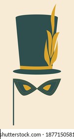 Mardi Gras costume elements. Carnival mask and opera hat. Mask decorated with golden beads. Isolated vector illustration