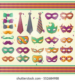 Mardi gras, costume party or festival, carnival or masquerade mask and tie set. Collection of venice decorative masks for face. Flat design elements. Isolated vector illustration