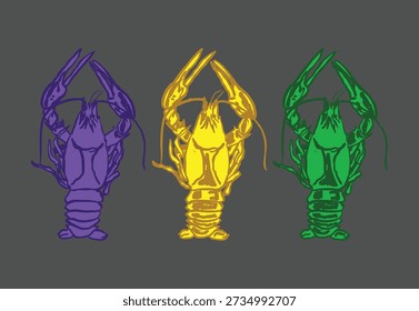 Mardi Gras crawfish themed set featuring festive carnival and Louisiana seafood elements. Great for Cajun food themes, celebrations, party designs, festivals, southern culture events and seasonal decorations.