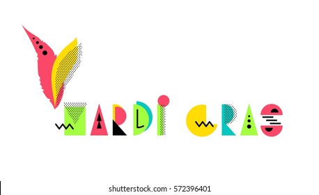 Mardi gras creative geometric alphabet.  Colorful vector letters in 80s - 90s memphis style. Vector illustration