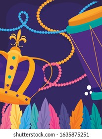 Mardi gras crown and drum with necklaces design, Party carnival decoration celebration festival holiday fun new orleans and traditional theme Vector illustration