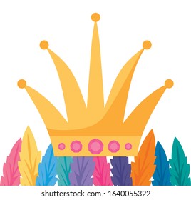 Mardi Gras crown and feathers design. Party carnival decoration celebration festival holiday fun New Orleans and traditional theme. Vector illustration.