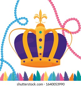 Mardi Gras crown feathers and necklaces design. Party carnival decoration celebration festival holiday fun New Orleans and traditional theme. Vector illustration.