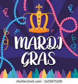 Mardi gras crown with necklaces design, Party carnival decoration celebration festival holiday fun new orleans and traditional theme Vector illustration