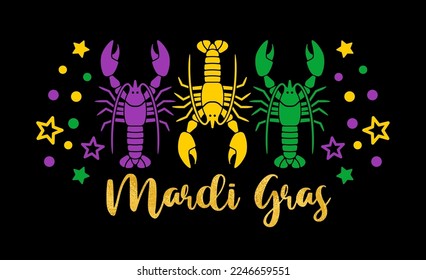 Mardi Gras decor. Beads, three lobsters, 3 crayfish clip art. Fat Tuesday decoration print