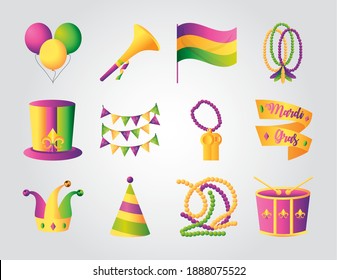 mardi gras decoration and celebration icons set beads balloons flag drum hat and pennants vector illustration