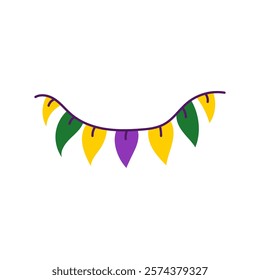 Mardi Gras Decoration Garland. Purple green yellow colors decor for holiday parade party festive celebration. Hand drawn design element. Vector illustration