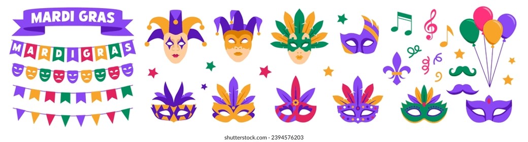 Mardi Gras decorations.Carnival vector elements.
