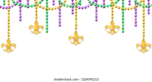 Mardi Gras decorative background with colorful traditional beads and gold symbols, vector illustration