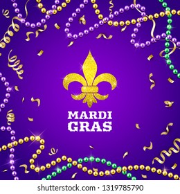 Mardi Gras decorative postcard with colorful traditional beads and gold symbol, vector illustration