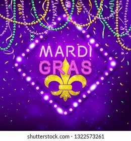 Mardi Gras decorative postcard with colorful traditional beads and gold symbol, vector illustration