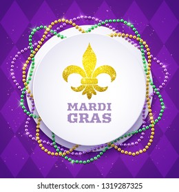 Mardi Gras decorative round banner with colorful traditional beads, vector illustration