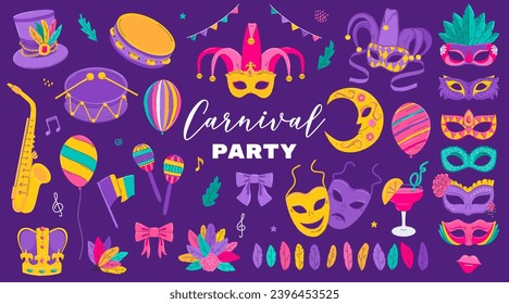 Mardi Gras design collection. French traditional symbols - carnival masks, party decorations, feathers, musical instruments. Vector illustrations isolated on a white background.