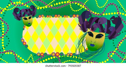 Mardi Gras design element with beads and masks