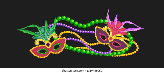 Mardi Gras design element, colorful symbols. Carnival masks concept. Masquerade symbol, feathers beads. Mardi Gras street parade celebration colorful icon. Holiday vector decorative banner background