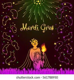 Mardi Gras design element, Fat Tusday invitation card template. King and Queen of Carnival witn lit flambeaux, beads and fireworks