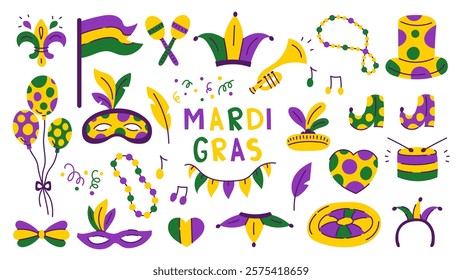 Mardi Gras Design Elements Set. Festive clipart with traditional symbols and colors. Collection of colorful carnival jester hat mask beads fleur de lys. Vector illustration