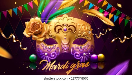 Mardi gras design with golden mask, colorful flags and feathers decoration on purple rhombus background, 3d illustration